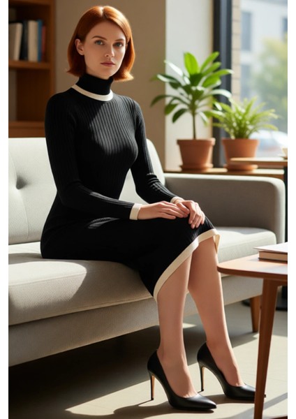 Kadın Balıkçı Yaka Siyah Midi Triko Elbise Renk Bloklu Detaylarla Şık ve Modern Kış Stili Kaliteli fırsatları