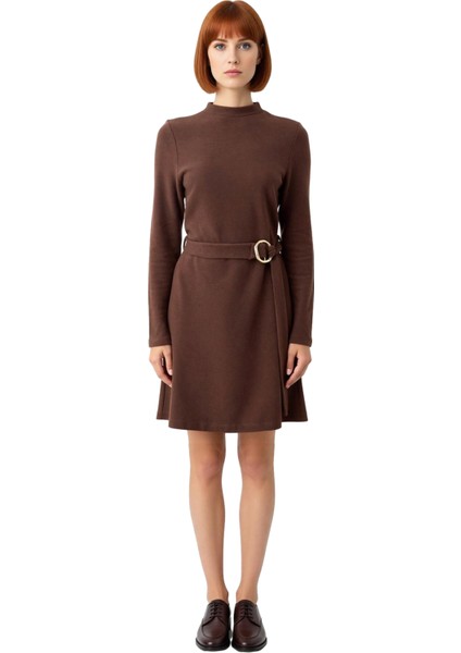 Kadınlar Için A Line Mini Elbise Dik Yaka Kemerli Uzun Kollu Selanik Örme Günlük Şıklık Kombin