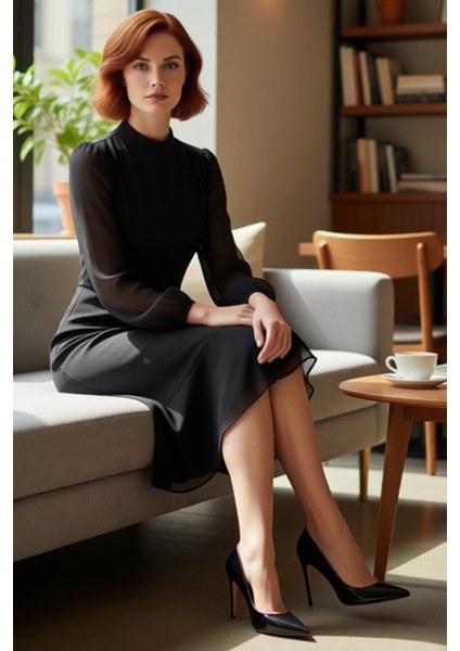 Kadın Modern Dik Yaka A Kesim Midi Boy Uzun Balon Kollu Astarlı Şifon Dokuma Düz Elbise Kaliteli