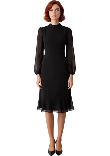 Kadın Modern Dik Yaka A Kesim Midi Boy Uzun Balon Kollu Astarlı Şifon Dokuma Düz Elbise Kaliteli fiyatları