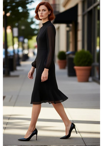 Kadın Modern Dik Yaka A Kesim Midi Boy Uzun Balon Kollu Astarlı Şifon Dokuma Düz Elbise Kaliteli fırsatları