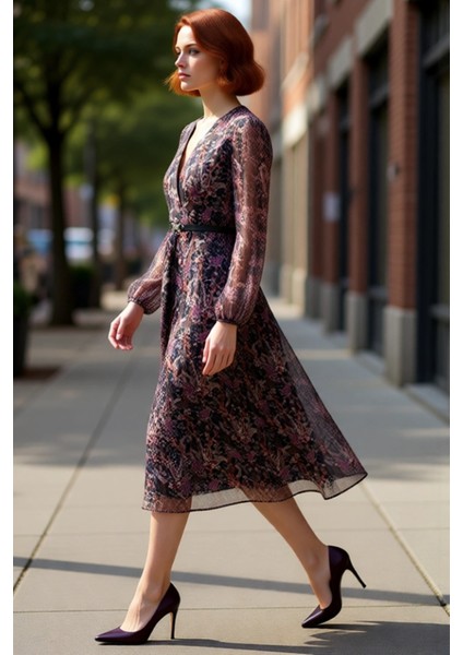 Kadın Şifon Kruvaze Yaka Elbise Soyut Desenli Kemer Detaylı Uzun Balon Kol Midi Boy Skater modelleri