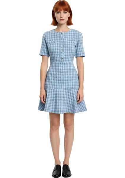 Kadın Mini Tüvit Dokuma Elbise Skater Kesim Bisiklet Yaka Kısa Kollu Zarif Ofis Stili Kaliteli