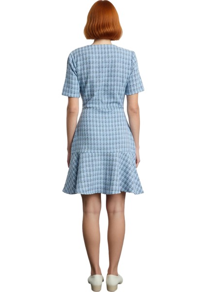 Kadın Mini Tüvit Dokuma Elbise Skater Kesim Bisiklet Yaka Kısa Kollu Zarif Ofis Stili Kaliteli fiyatları