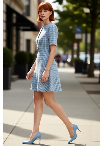 Kadın Mini Tüvit Dokuma Elbise Skater Kesim Bisiklet Yaka Kısa Kollu Zarif Ofis Stili Kaliteli modelleri