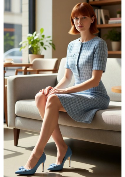 Kadın Mini Tüvit Dokuma Elbise Skater Kesim Bisiklet Yaka Kısa Kollu Zarif Ofis Stili Kaliteli fırsatları