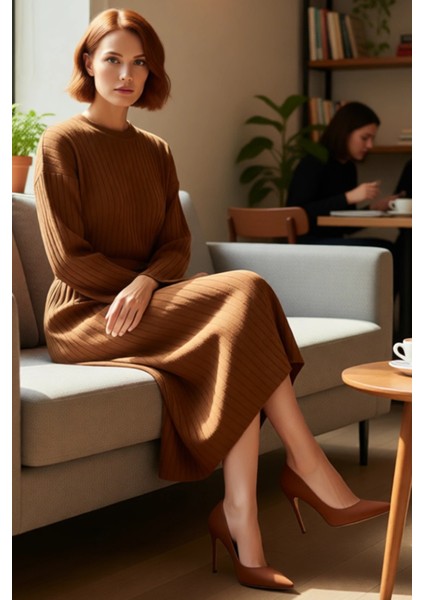 Kadınlar Için Konforlu Bisiklet Yaka A Line Kuşaklı Triko Maxi Elbise Düz Desen Kışlık Günlük Stil fırsatları