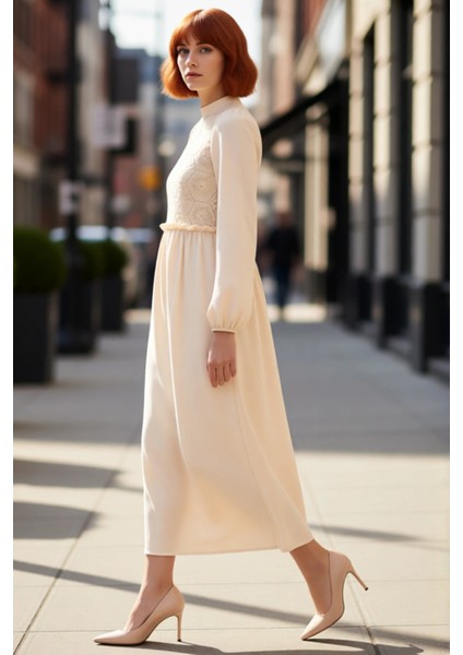 Kadın Dik Yaka Güpür Detaylı Uzun Kollu A Line Maxi Boy Dokuma Elbise Günlük Şıklık Kaliteli modelleri