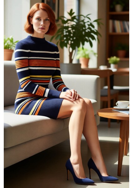 Kadın Akrilik Materyal Mini Elbise Fitilli Dokuma Bodycon Kalıp Renk Bloklu Dik Yaka Kış Sezonu