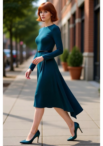 Modern Kadın Havuz Yaka Düz Desen Uzun Kollu A Line Maxi Elbise Kemer Detayıyla Kışa Özel Kaliteli fırsatları