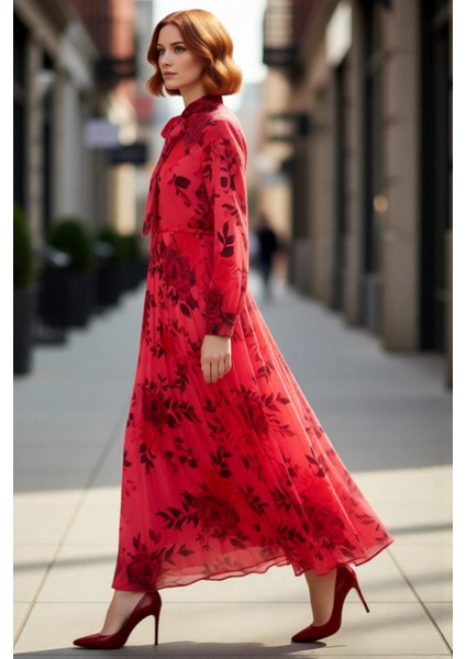 Kadın Zarif Şifon Çiçek Desenli Piliseli Maxi Elbise Uzun Kollu Boyundan Bağlamalı Astarlı fırsatları