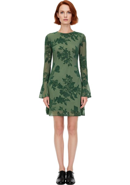 Kadınlar Için Feminine Bodycon Kesim Çiçek Desenli Uzun Kollu Tül Mini Elbise Astarlı Şıklık