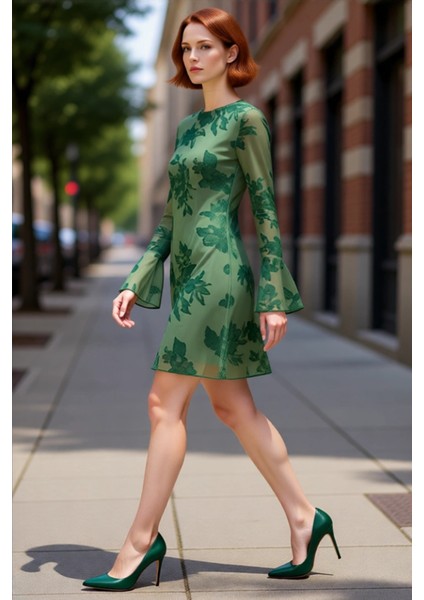 Kadınlar Için Feminine Bodycon Kesim Çiçek Desenli Uzun Kollu Tül Mini Elbise Astarlı Şıklık modelleri