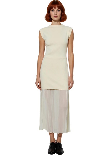 Kadın Triko Kolsuz Maxi Skater Elbise Bisiklet Yaka Modern Şık Ilkbahar Sonbahar Giysisi Kaliteli