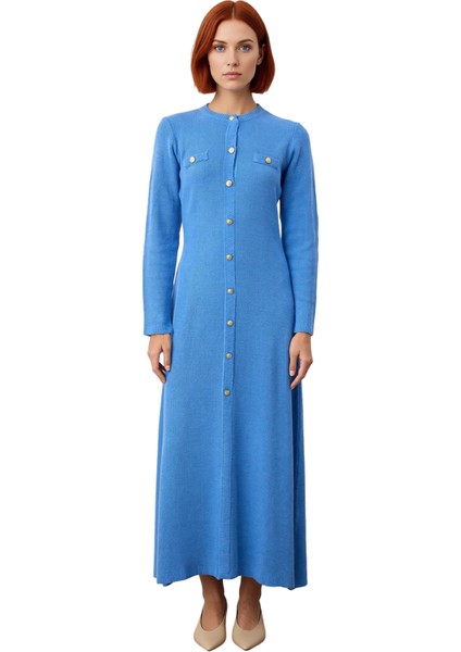 Kadın Casual Düz Maxi Elbise Akrilik Triko Selanik Dokuma A Line Bisiklet Yaka Uzun Kollu Tesettür