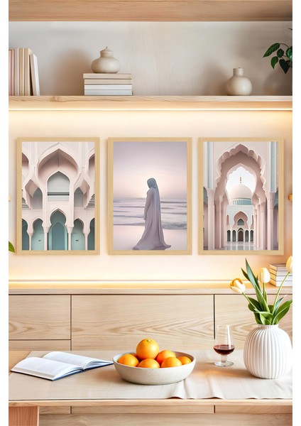 🌸 Modern Islami Mimari ve Huzur Temalı 3’lü Tablo Seti – Çerçeve Görünümlü 🌸🌟 CRVS1210 13 x 17