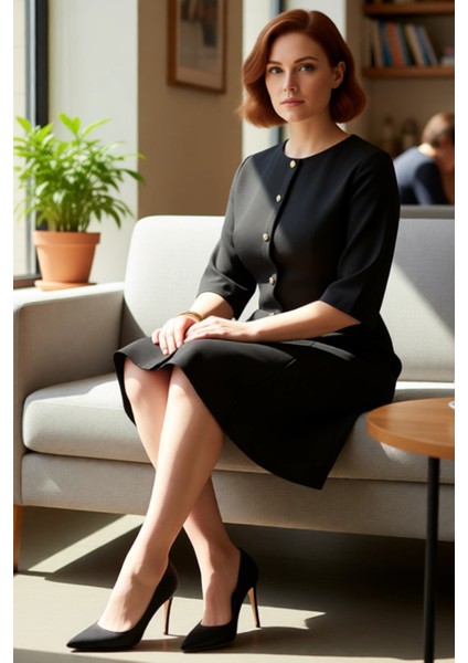 Kadın Büyük Beden A Line Dokuma Elbise Modern Bisiklet Yaka Şık Truvakar Kol Tasarımı Kaliteli fırsatları