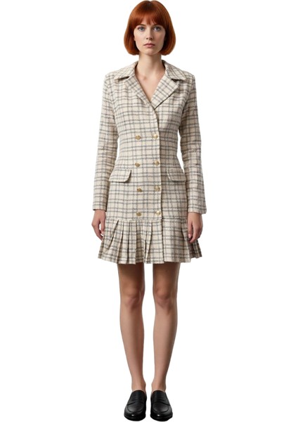 Kadın Ekose Desenli Ceket Elbise Tüvit Dokuma Kışlık Uzun Kollu Düğmeli Fırfırlı Mini %100 Pamuk fiyatları