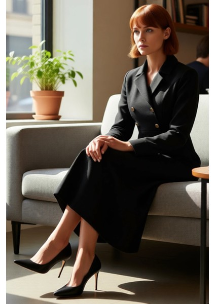 Kadın Kruvaze Kesim Ceket Yaka Maxi Dokuma Elbise Şık ve Konforlu Günlük Ofis Kombinleri Için