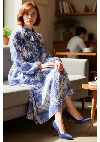 Kadın Modern Ramazan Koleksiyonu Mavi A Kesim Astarlı Şifon Maxi Elbise Uzun Balon Kol Kaliteli