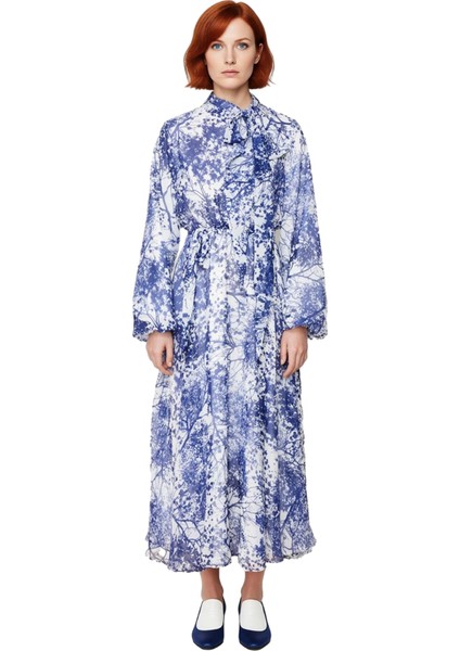 Kadın Modern Ramazan Koleksiyonu Mavi A Kesim Astarlı Şifon Maxi Elbise Uzun Balon Kol Kaliteli fiyatları