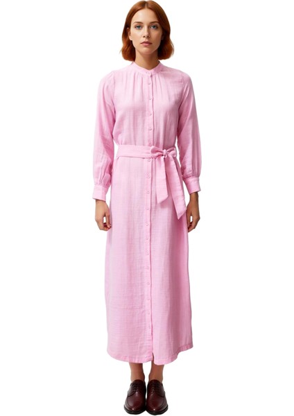 Kadın %100 Pamuk Müslin Dokuma Düz Desen Uzun Kol Shift Elbise Kuşaklı Hakim Yaka Gün Boyu Konfor. fiyatları