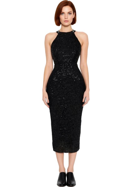 Kadın Halter Yaka Bodycon Midi Abiye Elbise Pul Işleme Detaylı Parıltılı Şık Gece Kıyafeti