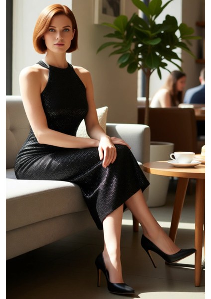 Kadın Halter Yaka Bodycon Midi Abiye Elbise Pul Işleme Detaylı Parıltılı Şık Gece Kıyafeti fırsatları