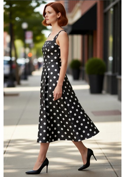 Kadın Şık Gece Elbisesi Skater Siluet Kare Yaka Midi Boy Düz Desen Saten Dokuma Kalın Askılı modelleri