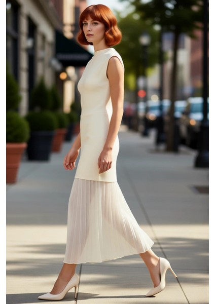 Kadın Triko Kolsuz Maxi Skater Elbise Bisiklet Yaka Modern Şık Ilkbahar Sonbahar Giysisi Kaliteli modelleri