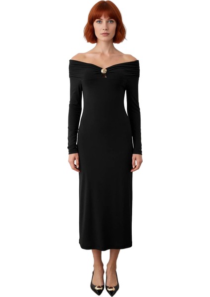 Kadın Bodycon Kesim Carmen Yaka Uzun Kollu Maxi Elbise Aksesuar Detaylı Örme Kış Modası Kaliteli