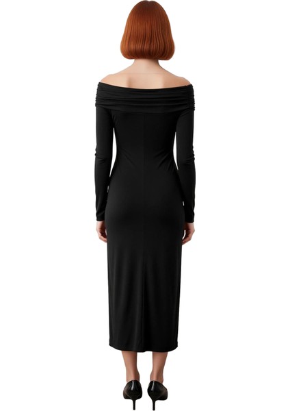 Kadın Bodycon Kesim Carmen Yaka Uzun Kollu Maxi Elbise Aksesuar Detaylı Örme Kış Modası Kaliteli fiyatları