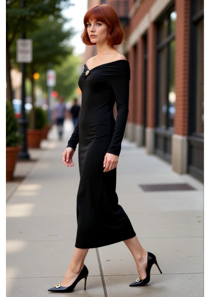 Kadın Bodycon Kesim Carmen Yaka Uzun Kollu Maxi Elbise Aksesuar Detaylı Örme Kış Modası Kaliteli modelleri