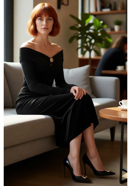 Kadın Bodycon Kesim Carmen Yaka Uzun Kollu Maxi Elbise Aksesuar Detaylı Örme Kış Modası Kaliteli fırsatları