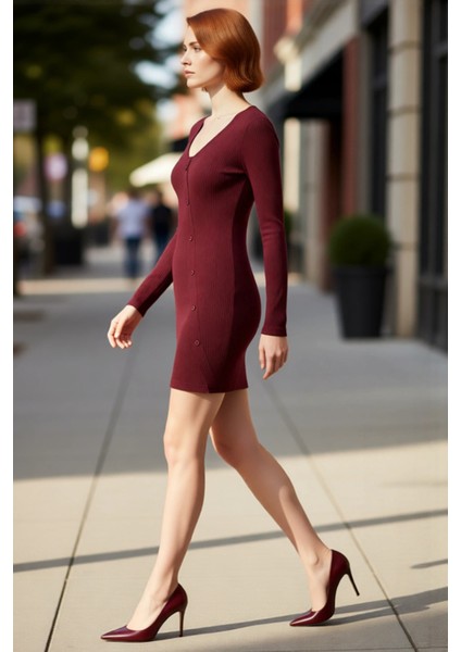 Kadın Uzun Kollu V Yaka Bodycon Kesim Asimetrik Düğmeli Örme Mini Elbise Şık ve Konforlu Kaliteli modelleri