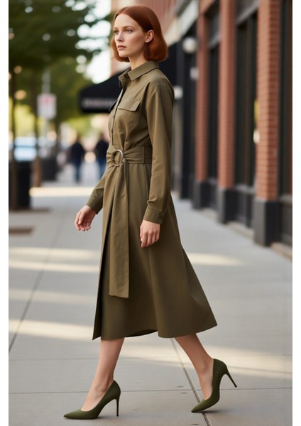 Kadın Kuşaklı Gömlek Yaka Midi Dokuma Elbise A Line Kesimiyle Kış Stiline Modern Dokunuş Kaliteli modelleri