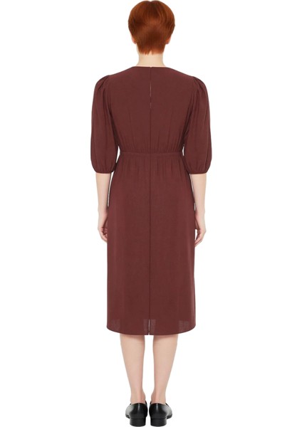 Zarif Kadın A Line Kesim Midi Elbise Truvakar Kol Detaylı V Yaka Dokuma Bahar Kombini Kaliteli fiyatları