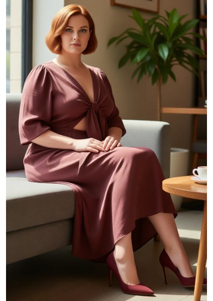 Zarif Kadın A Line Kesim Midi Elbise Truvakar Kol Detaylı V Yaka Dokuma Bahar Kombini Kaliteli fırsatları