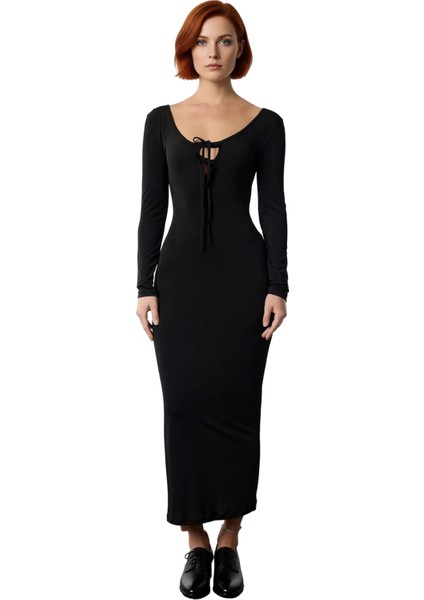 Kadın Smart Kesim Havuz Yaka Bağlama Detaylı Uzun Kol Bodycon Örme Maxi Abiye Elbise Kaliteli