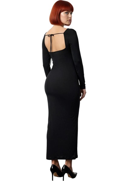 Kadın Smart Kesim Havuz Yaka Bağlama Detaylı Uzun Kol Bodycon Örme Maxi Abiye Elbise Kaliteli fiyatları