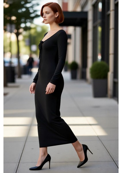 Kadın Smart Kesim Havuz Yaka Bağlama Detaylı Uzun Kol Bodycon Örme Maxi Abiye Elbise Kaliteli modelleri