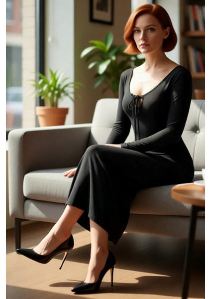 Kadın Smart Kesim Havuz Yaka Bağlama Detaylı Uzun Kol Bodycon Örme Maxi Abiye Elbise Kaliteli fırsatları