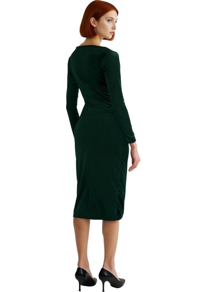 Kadın Şık Bodycon Midi Boy Uzun Kollu Kruvaze Yaka Kadife Örme Drape Detaylı Kış Elbisesi Kaliteli fiyatları