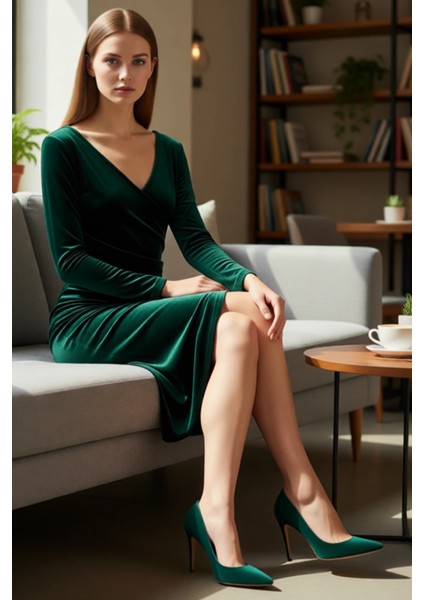 Kadın Şık Bodycon Midi Boy Uzun Kollu Kruvaze Yaka Kadife Örme Drape Detaylı Kış Elbisesi Kaliteli fırsatları