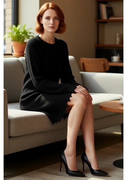 Kadın Konforlu Selanik Örgü Mini Triko Elbise Shift Kalıp Akıtma Detaylı Reglan Kol Bisiklet Yaka