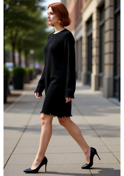 Kadın Konforlu Selanik Örgü Mini Triko Elbise Shift Kalıp Akıtma Detaylı Reglan Kol Bisiklet Yaka fırsatları