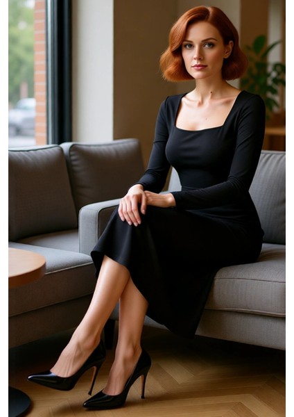 Kadın Şık Kare Yaka Maxi Elbise Bodycon Kalıp Uzun Kollu Bordo Örme Kumaş Gündüz Gece Kaliteli