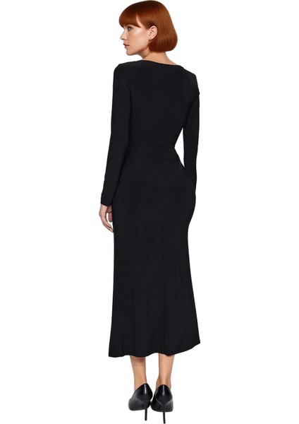 Kadın Şık Kare Yaka Maxi Elbise Bodycon Kalıp Uzun Kollu Bordo Örme Kumaş Gündüz Gece Kaliteli modelleri