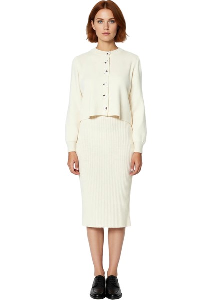 Kadın Şık Akrilik Bisiklet Yaka Uzun Kol Bodycon Midi Triko Elbise Hırka Seti Günlük Kaliteli