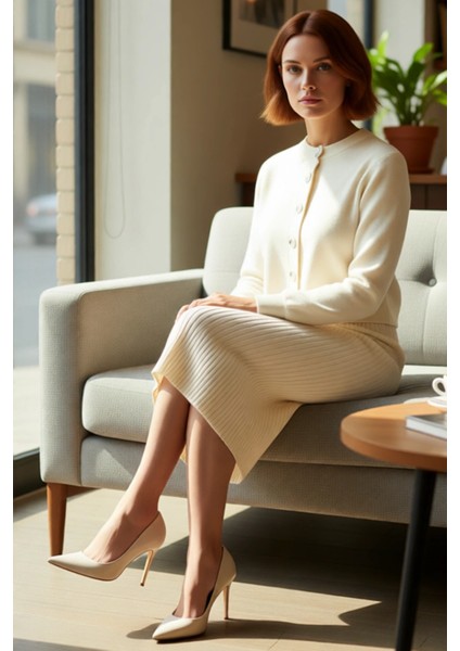 Kadın Şık Akrilik Bisiklet Yaka Uzun Kol Bodycon Midi Triko Elbise Hırka Seti Günlük Kaliteli fırsatları